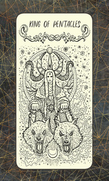 King of pentacles. The Magic Gate Tarot deck card. Fantasy engraved illustration with occult mysterious symbols and esoteric concept, vintage background
