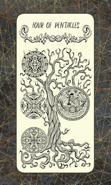Four of pentacles. The Magic Gate Tarot deck card. Fantasy engraved illustration with occult mysterious symbols and esoteric concept, vintage background