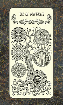 Six of pentacles. The Magic Gate Tarot deck card. Fantasy engraved illustration with occult mysterious symbols and esoteric concept, vintage background