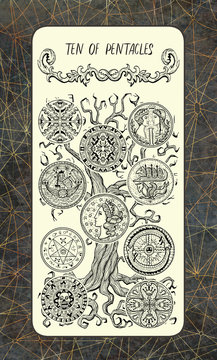 Ten of pentacles. The Magic Gate Tarot deck card. Fantasy engraved illustration with occult mysterious symbols and esoteric concept, vintage background