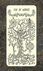 Five of wands. The Magic Gate Tarot deck card. Fantasy engraved illustration with occult mysterious symbols and esoteric concept, vintage background