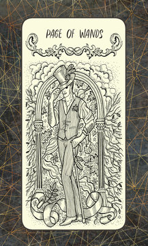 Page of wands. The Magic Gate Tarot deck card. Fantasy engraved illustration with occult mysterious symbols and esoteric concept, vintage background
