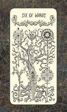 Six o wands. The Magic Gate Tarot deck card. Fantasy engraved illustration with occult mysterious symbols and esoteric concept, vintage background
