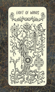 Eight of wands. The Magic Gate Tarot deck card. Fantasy engraved illustration with occult mysterious symbols and esoteric concept, vintage background