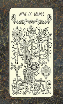 Nine of wands. The Magic Gate Tarot deck card. Fantasy engraved illustration with occult mysterious symbols and esoteric concept, vintage background