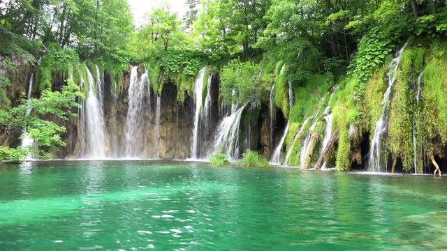 Amazing Landscape with Waterfalls at Plitvice Lakes National Park, Croatia. 4K Video Clip