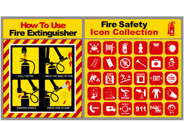 set of fire safety icon collection and how to use fire extinguisher banner. easy to modify - obrazy, fototapety, plakaty