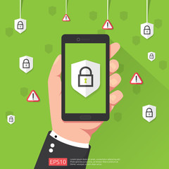 hand holding phone with shield padlock protection sign mark icon symbol on screen. Mobile Internet VPN Security protection Concept vector illustration.
