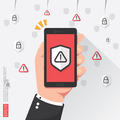 hand holding phone with attention warning alert sign with exclamation mark symbol on screen. shield line icon for Internet VPN Security protection Concept vector illustration.