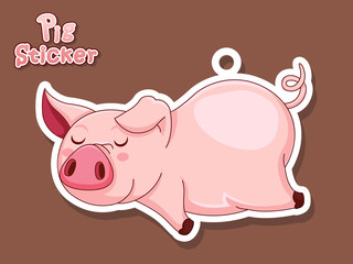 Cute Pig Cartoon Sticker. Vector Illustration With Cartoon Funny Pig