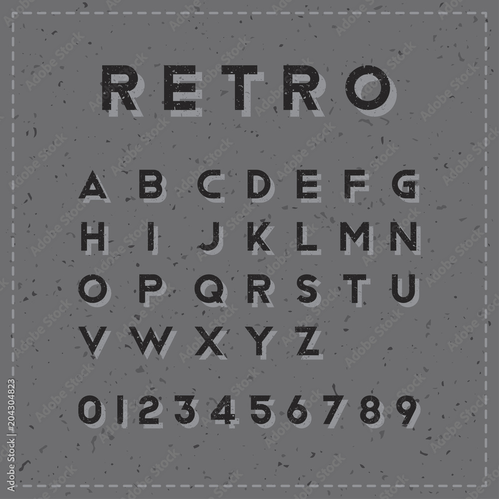 Poster retro alphabet with texture. a set of fonts with numbers in the old style. flat vector illustration 