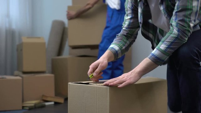 Moving Company Worker Bringing Boxes To House, Man Arriving In New House