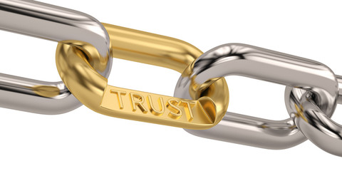 Trust word as symbol in chain  isolated on white background. 3D illustration.
