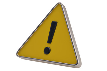 Yellow warning sign on a white background. 3D illustration.