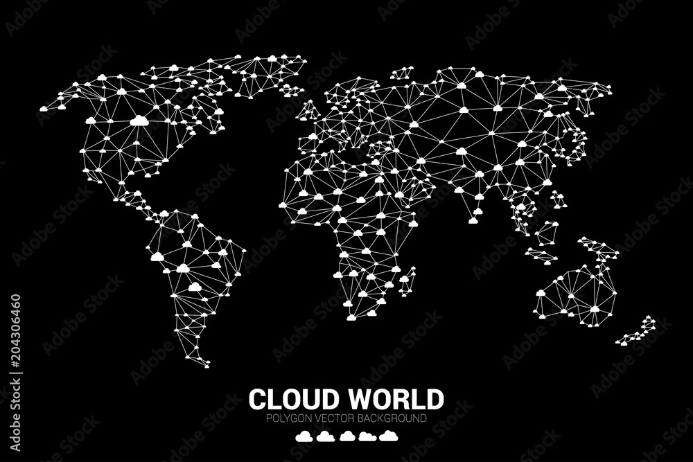 Poster Cloud network World map wireframe polygon dot connect line : concept of cloud computing 