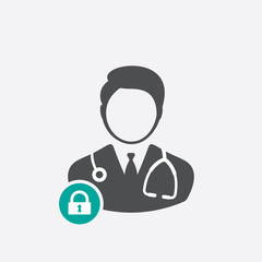 Doctor icon with padlock sign. Doctor icon and security, protection, privacy symbol