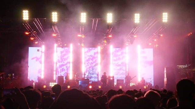 Crowd at concert  and blurred stage lights of people dancing at the rock 'n roll concert.