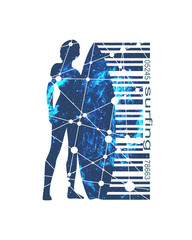 Woman posing with surfboard. Surfing emblem for web design or print. Bar code connected with silhouette textured by lines and dots pattern. Elements of this image furnished by NASA. © JEGAS RA