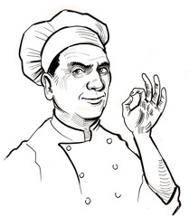 Chef character showing o.k. sign. Ink black and white retro styled illustration