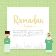 Muslim Brother Sister Greeting Card Ramadan Kareem. Cute Vector Muslim