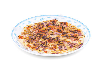 South Indian Food Uttapam Also Know As ooththappam, Rava Uttapam, Uttapa or Uthappa is a Popular South Indian Delicious Spicy Breakfast Snack Served with Coconut Chutney, Tomato Sauce and Sambar