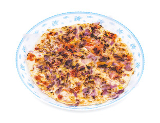 South Indian Food Uttapam Also Know As ooththappam, Rava Uttapam, Uttapa or Uthappa is a Popular South Indian Delicious Spicy Breakfast Snack Served with Coconut Chutney, Tomato Sauce and Sambar