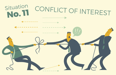 Business infographics with illustrations of business situations. People pull  rope, conflict of interest. Resolving difficulties and disagreements. Decision of the dispute. Opposition of workers.