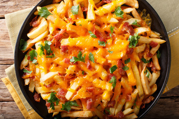 French fries with cheddar cheese, bacon and herbs close-up. Horizontal top view