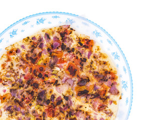 South Indian Food Uttapam Also Know As ooththappam, Rava Uttapam, Uttapa or Uthappa is a Popular South Indian Delicious Spicy Breakfast Snack Served with Coconut Chutney, Tomato Sauce and Sambar