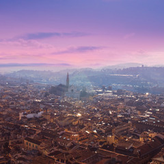 Aerial view of Florence, Tuscany, Italy. View from Cathedral Santa Maria Del Fiore. Beautiful Florence sunset skyline, .