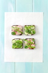 Sandwiches with cream cheese, fresh cucumber, radish, chia seeds and arugula on mint wooden background.