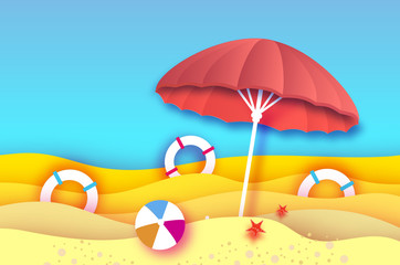 Fototapeta na wymiar Beach umbrella -red parasol in paper cut style. Origami sea and beach with lifebuoy. Beach ball game. Vacation and travel concept.