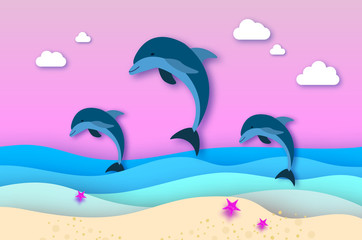 Fototapeta na wymiar Three Jumping dolphins in the sea in paper cut style. Origami layered beautiful seascape and sky. Hawaii Pacific Ocean wildlife scenery. Marine animals in natural habitat.