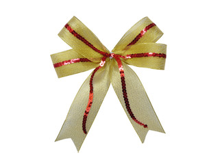 Gold ribbon bow on white background with clipping paths. For decoration a gift box.