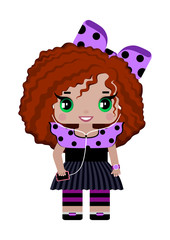 little girl with a player (phone) in headphones, in a fashionable summer outfit, with a lilac bow,green eyes and curly red hair