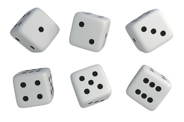 Set of white dice with black dots isolated on white