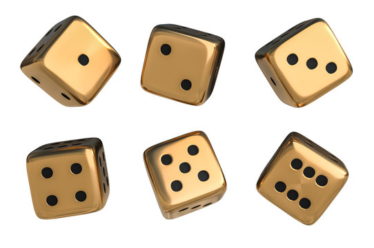 Set Of Golden Dice With Black Dots Isolated On White Background