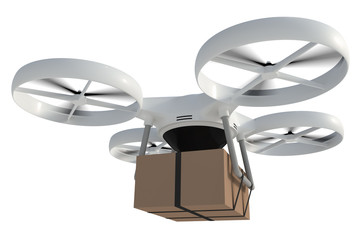Drone is delivering carton box package isolated on white