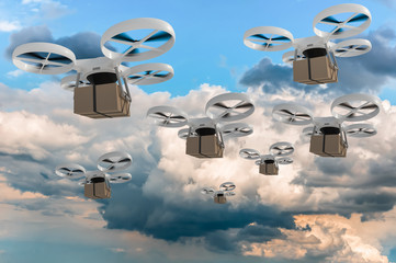 Many drones is delivering packages - fast mail concept - obrazy, fototapety, plakaty
