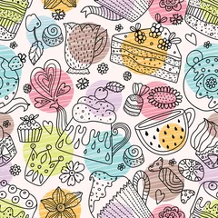 Foto op Plexiglas Tea time. Cute seamless pattern. Sweet and polka dot. © vyazovskaya