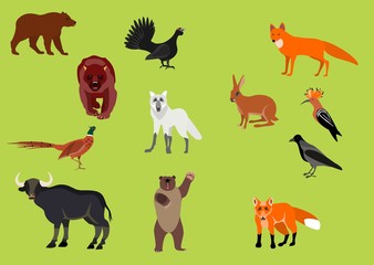 Forest animals vector set, animals icons, bear, wolf, fox, birds, buffalo.