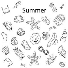 Fototapeta na wymiar Summer time, hand drawn objects : sunglasses, swimming suit, hats, ice cram, seashells, bags, trousers. Black and white monochrome.