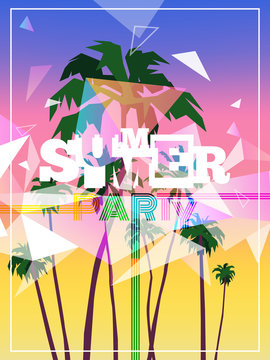 summer party poster design with palm trees sunset polygonal shapes
