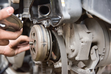 Belt drive transmission rotation for motorcycle.