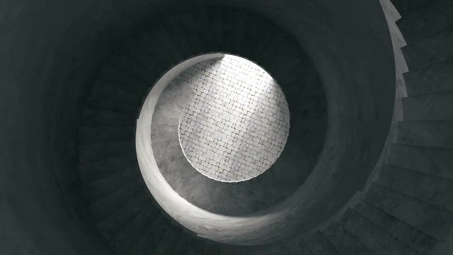 Animation of Grunge Concrete Spiral Staircase. Camera going down to the door light. 3D Rendering - Powered by Adobe