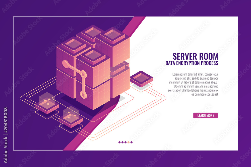 Poster server room, data transmission, datacenter and database banner, software development concept isometr