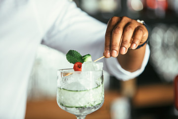 Bartender hands decorating cocktail - 204318030