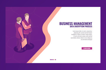 Business management communication concept, web page template banner, businessman suitcase isometric vector