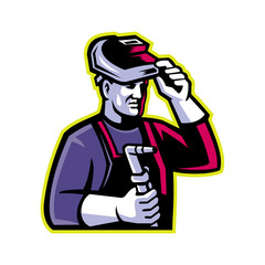 Mascot icon illustration of head of a welder lifting visor and holding welding torch viewed from side on isolated background in retro style.