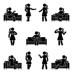Stick figure woman relaxing on sofa set. Vector illustration of drinking coffee pictogram on white